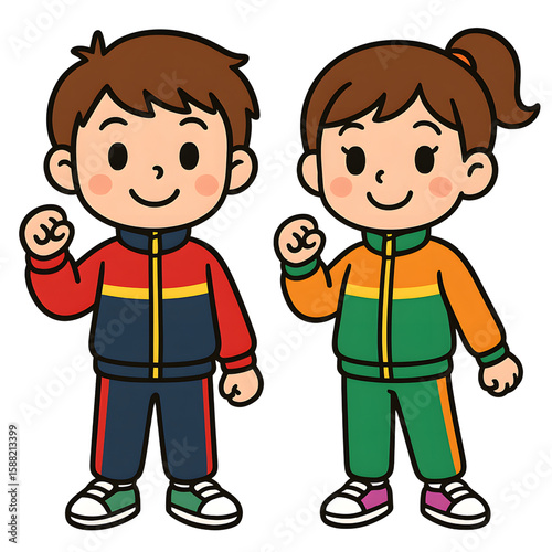 Wallpaper Mural Cute Kids Clipart in Costume Themes
, Happy children wearing colorful sports tracksuits, smiling and giving a thumbs-up gesture, illustrating teamwork and friendship in an animated style Torontodigital.ca