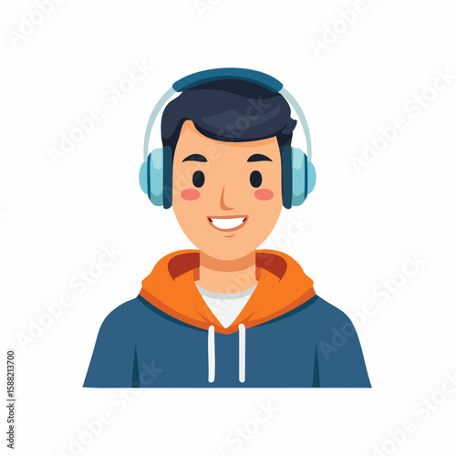 Minimalist flat avatar of a person wearing headphones and hoodie, ideal for gamer or music enthusiast profile picture