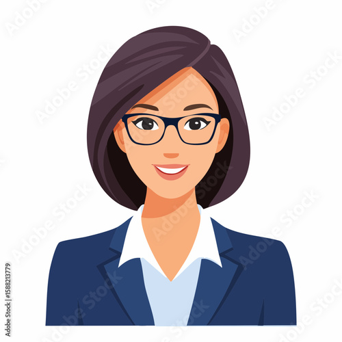 Flat vector illustration of a confident businesswoman in a blazer with glasses, simple facial features, suitable for a professional profile