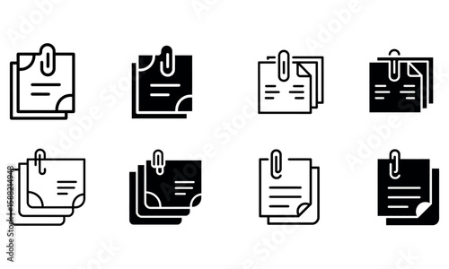 Vector icon set of paper documents with paper clip in outline and solid styles
