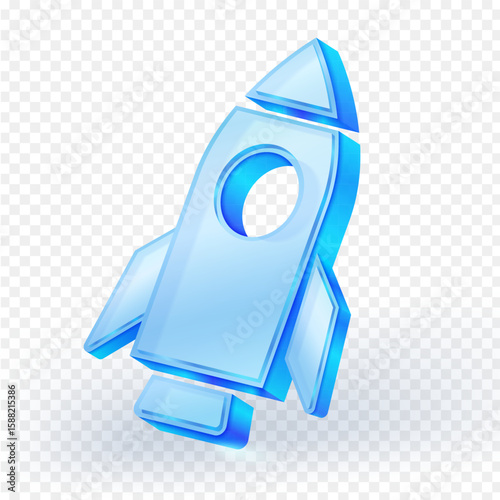 Futuristic 3D glass style rocket icon. Represents startup launch, innovation, business growth, speed, success, and breakthrough technologies in a modern digital world. Vector illustration.