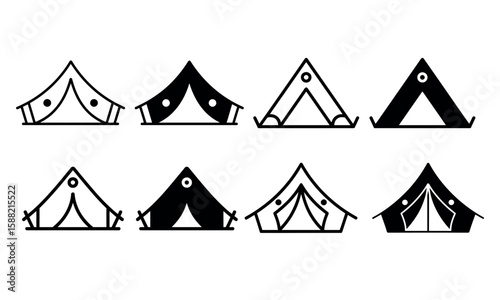 Vector icon collection of different camping tents in outline and solid styles

