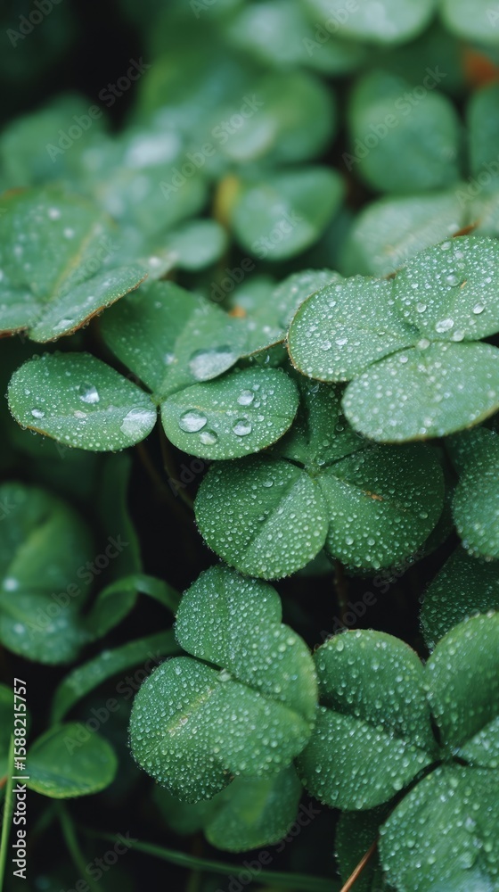Obraz premium Dewy clovers glisten like emerald dreams, embodying Irish luck and Samhain whispers in nature's mystical tapestry