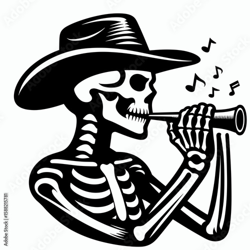 Skeleton as cowboy Whistling. Halloween Skull Bones Clipart Line Art Vector Illustration Skeletal. Bony rancher tooting a tune western character blowing whistle.