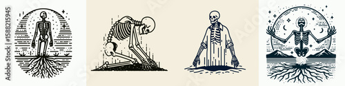 Skeleton emerging from the ground. Halloween Skull Bones Clipart Line Art Vector Illustration Skeletal. Bone figure rising earth spooky scene concept grave danger.