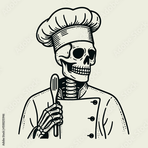 Skeleton dressed as a spooky chef. Halloween Skull Bones Clipart Line Art Vector Illustration Skeletal. Bone figure in creepy cook apparel scary kitchen theme for.