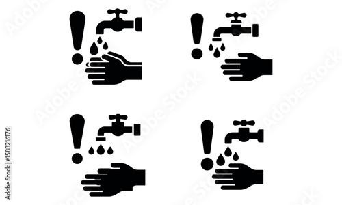 Hand washing warning icons with water tap and exclamation mark in flat black and white style
