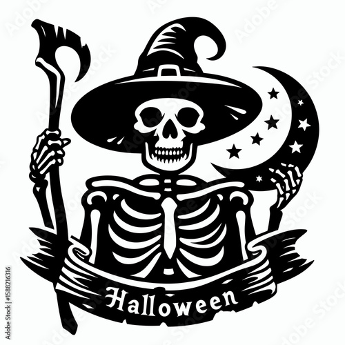 Skeleton holding a Halloween banner. Skull Bones Clipart Line Art Vector Illustration Skeletal. Bony figure display autumn celebration flag spooky season decor graphic.