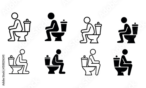 Black and white vector icon set of people sitting on toilet in different outline and solid styles
