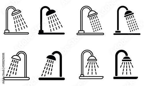Black and white vector icon set of shower heads with water flow in outline and solid styles
