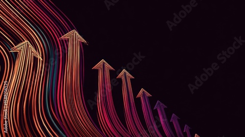 Colorful arrow shapes composed of dynamic light trails point upward against a dark background, symbolizing growth, progress, and forward movement.