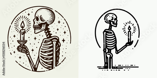 Skeleton holding a lit candle. Halloween Skull Bones Clipart Line Art Vector Illustration Skeletal. Bony figure grasping burning light source night image.