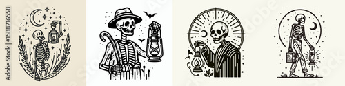 Skeleton holding a pumpkin lantern. Halloween Skull Bones Clipart Line Art Vector Illustration Skeletal. Spooky bone figure with gourd light cheery autumn night image.