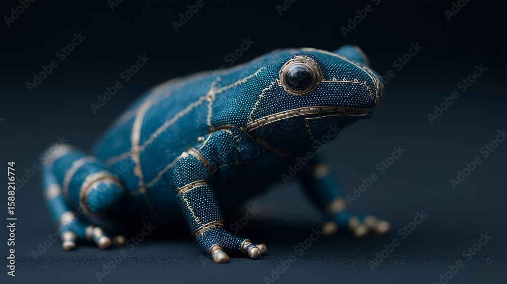 Obraz premium Blue velvet frog sculpture reminiscent of steampunk whimsy, ideal for International Frog Day, captivating intricate textile artistry