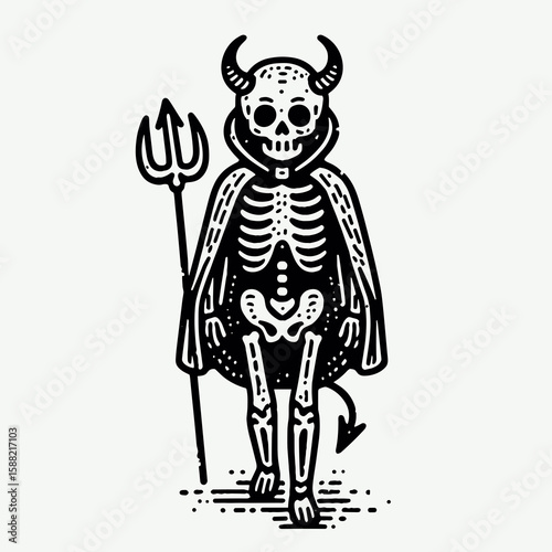 Skeleton in a devil costume. Halloween Skull Bones Clipart Line Art Vector Illustration Skeletal. Bony figure fiend attire creepy party idea for apparel.