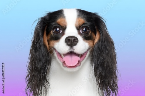 Cheerful King Charles Spaniel against a dreamy ombre sky, evoking World Animal Day and National Puppy Day jubilance