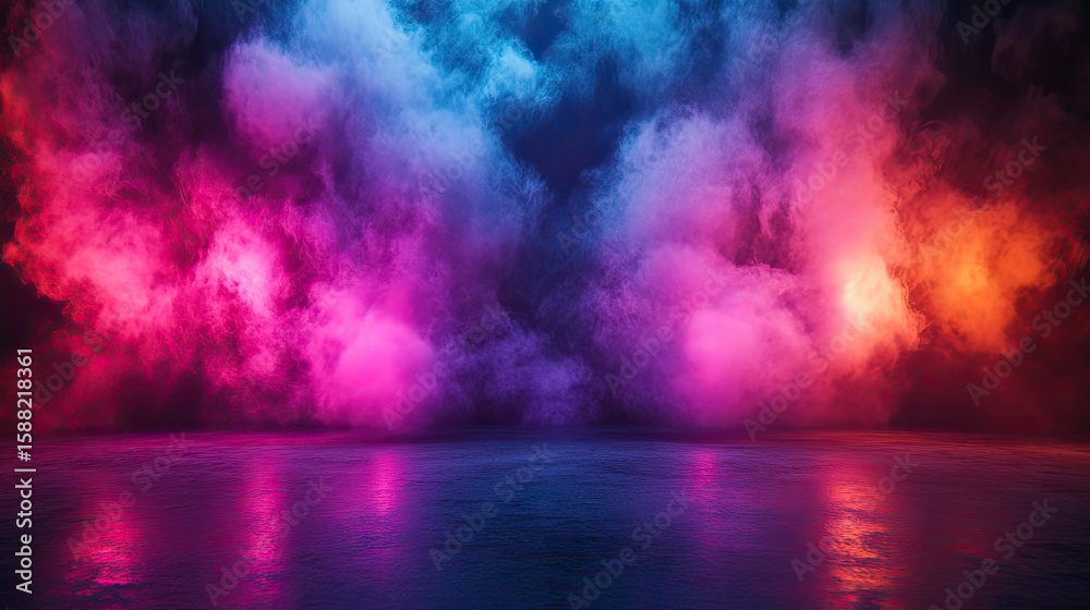 Naklejka premium Neon-lit abstract scene with smoke, reflections on concrete, and vibrant, glowing background.