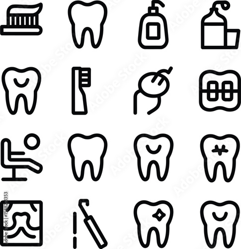 Collection of simple line art icons representing dental care and services