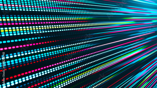 An illustration with many colored glowing lines and square segments going into the distance. The effect of movement from neon light. Suitable for themes related to technology, futurism and club