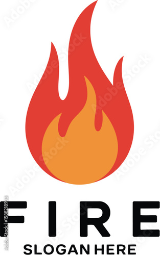 A stylized fire logo with the word fire and slogan here below the flame icon