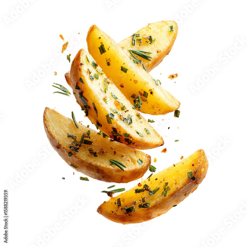 Roasted potato wedges with herbs isolated on transparent background