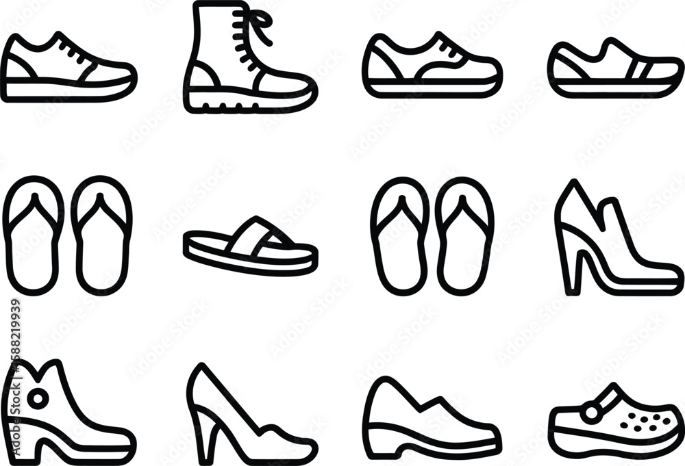 Obraz premium Collection of black and white line art icons representing different types of footwear