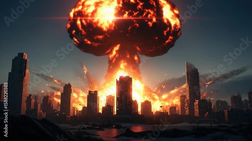 Massive Explosive Detonation Over City Skyline with Fire and Smoke Effects