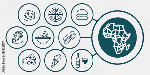 African continent food icons including pizza burger ice cream cheese and wine isolated on white background