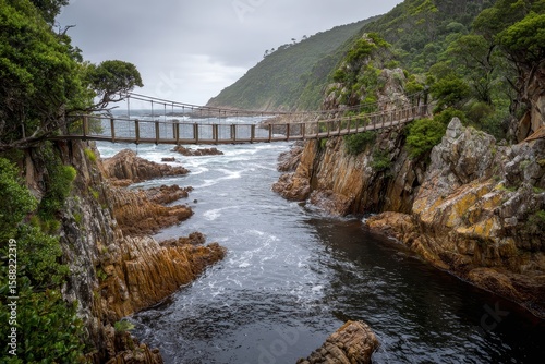 Garden Route South Africa. Scenic Suspension Bridge over Storm River Mouth in Tsitsikamma National Park