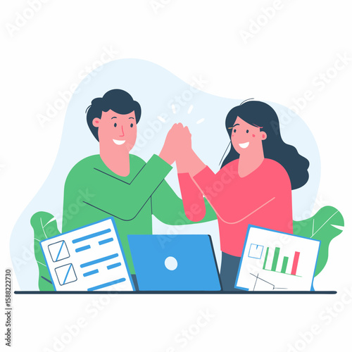 Two friends engaging in a playful high-five, surrounded by a light, cheerful background with soft colors