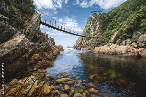 Garden Route South Africa. Scenic Suspension Bridge over Storm River Mouth in Tsitsikamma National Park with Copy Space
