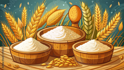 Freshly milled wheat flour in wooden bowls with stalks of golden wheat in background rustic and natural