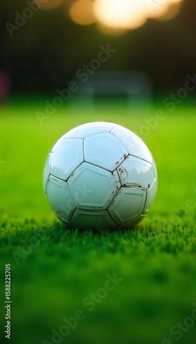 Generative AI A lone soccer ball rests on vibrant green grass under soft golden light