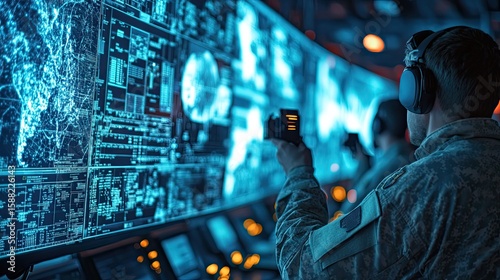 Military defense department monitoring satellite surveillance feeds for national security purposes.