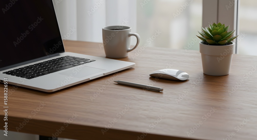 Modern workspace with Laptop and plant: A modern workspace showcases a sleek laptop, a ceramic mug, a stylish pen, a computer mouse, and a small potted succulent. Modern workspace with Laptop and plant: A modern workspace showcases a sleek laptop, a ceramic mug, a stylish pen, a computer mouse, and a small potted succulent.