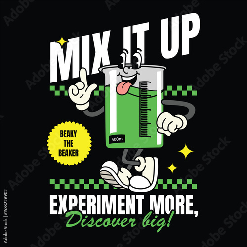 Cute beaker glass back to school in retro cartoon character illustration