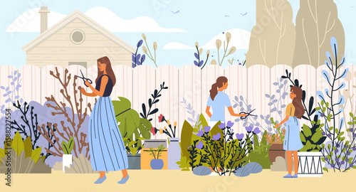 Family gardening teamwork outdoor activity women children pruning plants backyard house colorful foliage nature landscape flat design banner