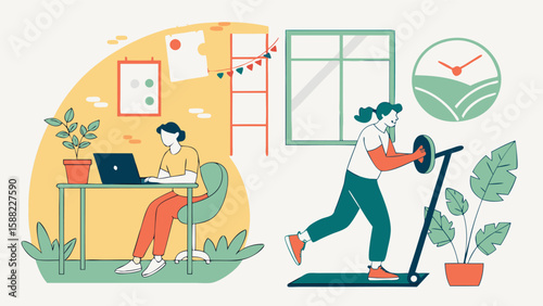 Illustration showing a person working on a laptop and another exercising on a treadmill indoors at home