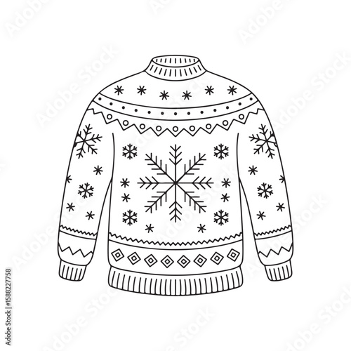 Black and white winter sweater with snowflake and geometric patterns. Hand drawn vector illustration