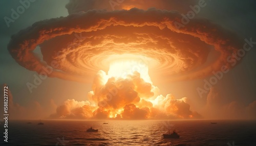 Nuclear explosion mushroom cloud over the ocean atomic bomb test radiation fallout danger