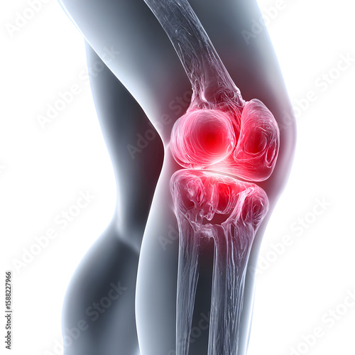 Knee joint with highlighted red pain points showcases a medical illustration with the bone structure and translucent skin, transparent background