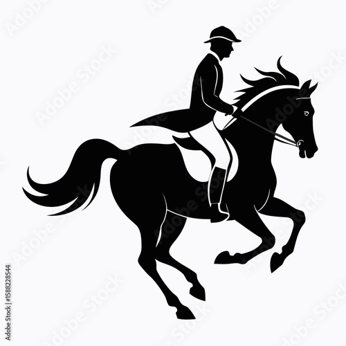 Silhouette of a jockey in formal attire riding a galloping horse