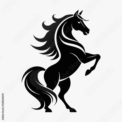 Stylized black horse rearing up on hind legs with flowing mane and tail