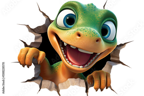 Sticker 3D de Dinosaure Vert et Orange Mignon Sortant d'un Mur Craquelé – Illustration Enfantine et Amusante