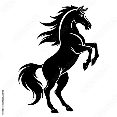 Majestic black horse rearing up silhouette on white background
