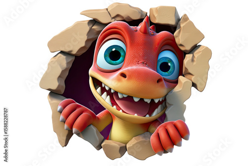 Sticker 3D de Dinosaure Rouge et Jaune Mignon Sortant d'un Mur Craquelé – Illustration Enfantine et Amusante