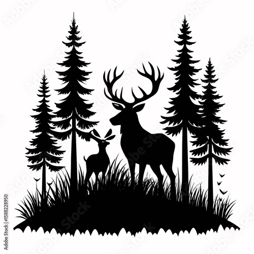 Majestic stag and fawn silhouette in a pine forest landscape