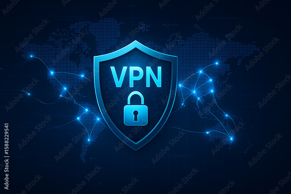 Fototapeta premium VPN secure connection, digital cybersecurity, VPN symbol, glowing shield, lock icon, secure internet, global network, encrypted connection, virtual private network, data protection, internet security,