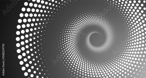 An illustration with bright concentric circles of white dots on a dark background. The composition creates a sense of movement and depth, as if the viewer is looking into a funnel or tunnel of light