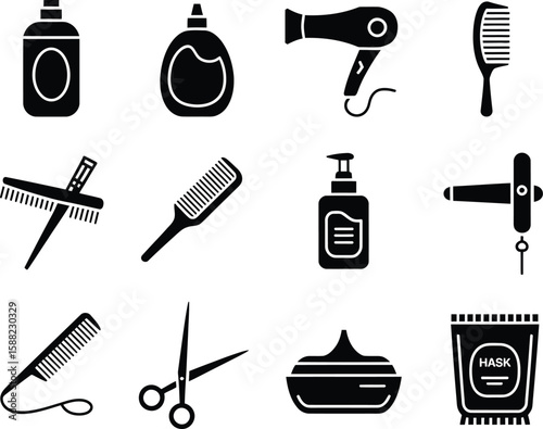 Collection of black silhouette icons representing hair care and salon tools on a white background